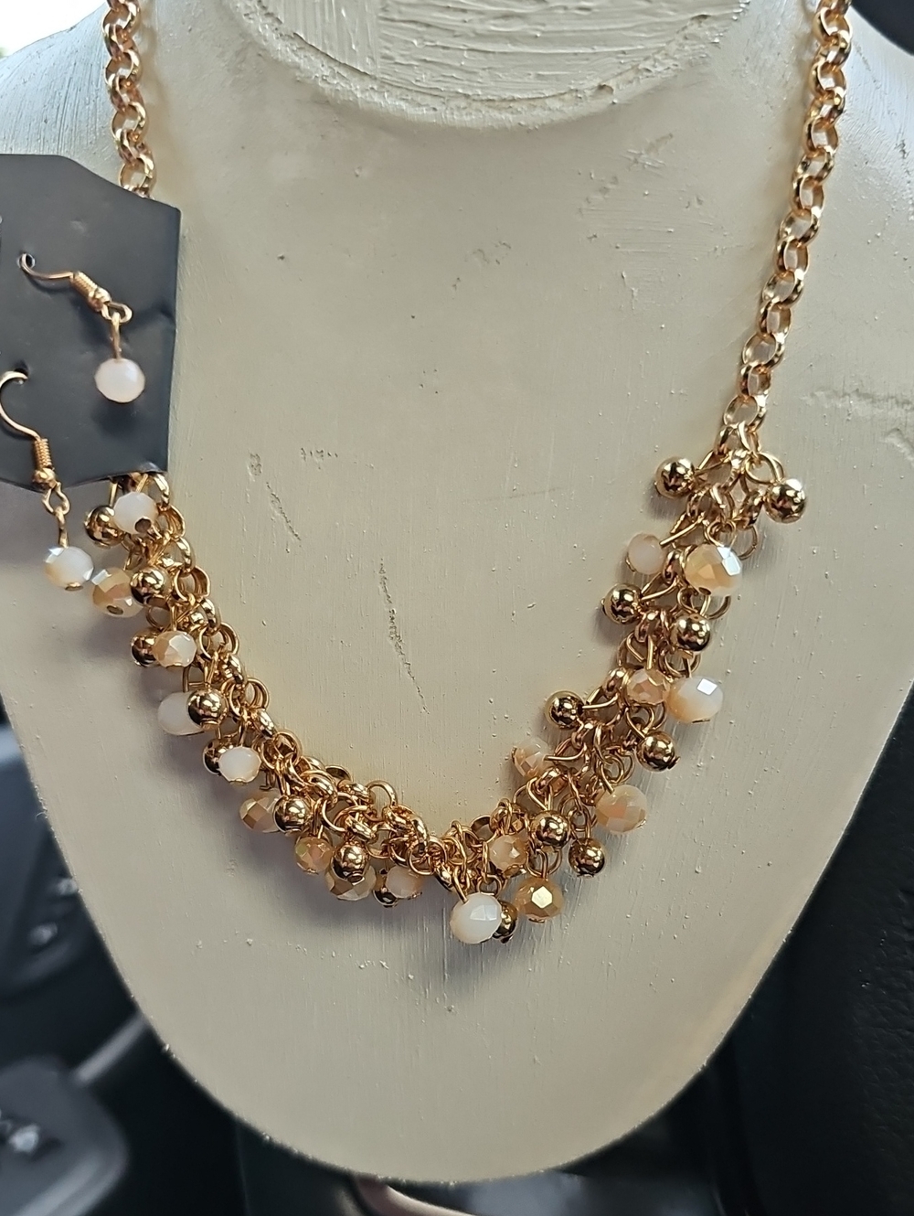 paparazzi Gold and Cream Beaded Cluster Necklace with Matching Drops